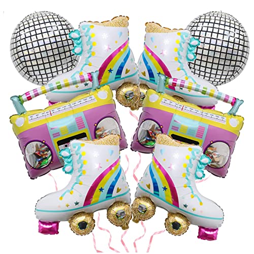 8-teilige Regenbogen Roller Skate Ballons Boom Box 22 Zoll Disco Folie Ballons Folie Ballons Roller Skate Party Zubehör für 80er 90er Jahre Party Hip Hop Geburtstag Boombox Party Dekorationen von Finypa