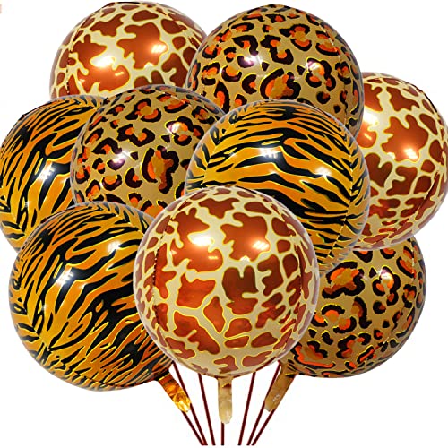 9 Stück Dschungel-Tierdruck-Luftballons, 4D runde Leoparden-Luftballons, Tiger-Giraffen-Luftballons, Folien-Tier-Ballons für Safari-Zoo-Tiere, Partydekorationen, Zubehör, Geparden-Wilddekorationen von Finypa
