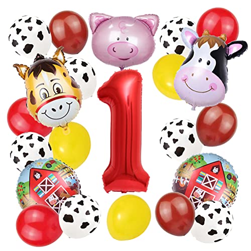 Bauernhof Tier Ballon für 1. Geburtstag Party Dekorationen Kuh Luftballons Kuh Druck Barnyard Ballon Supplies mit großer Zahl 1 Folienballon (Rot 1. Geburtstag) von Finypa
