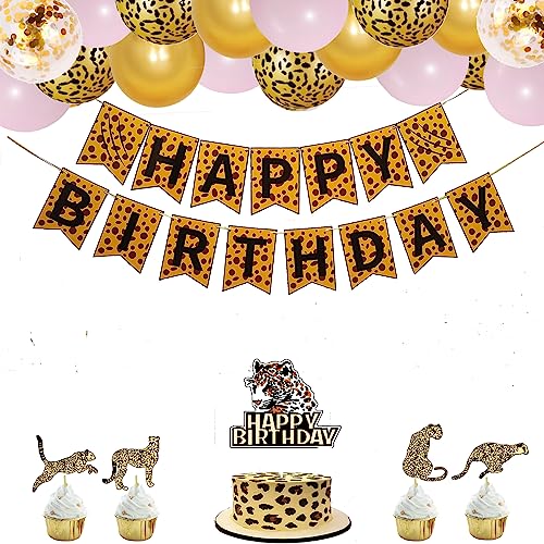 Finypa 79pcs Leopard Geburtstag Banner Rosa Safari Gepard Party Dekoration Tier Ballon Dschungel Tropischer Wald Party Supplies, Gepard Happy Birthday Banner von Finypa