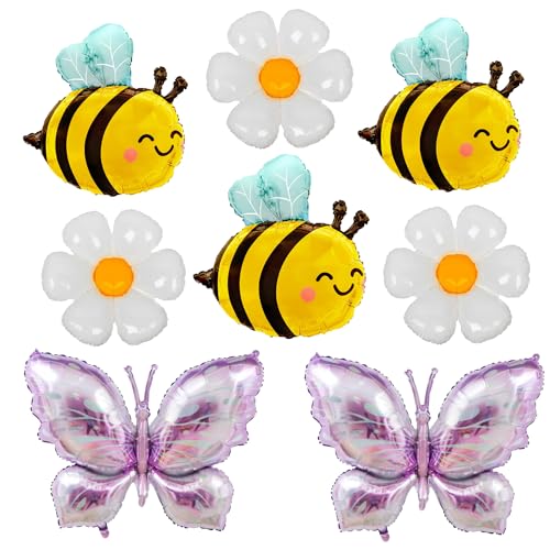 Finypa Luftballons mit Bienen- und Lila-Schmetterlings- und Gänseblümchen-Motiv für Babyparty, Geburtstagsparty-Dekoration, Boho-Gänseblümchen, Partyzubehör, 8 Stück von Finypa