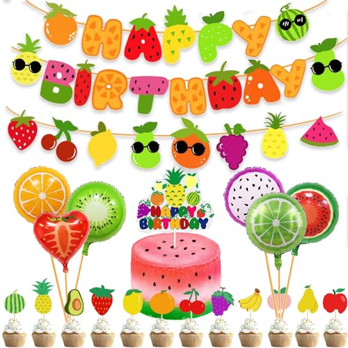 Finypa Niedliche sensorische Frucht für den 1. Geburtstag Party Obst Thema Party Supplies Kuchen Cupcake Toppers Happy Birthday Banner Luftballons für Jungen und Mädchen Obst Party Dekorationen von Finypa
