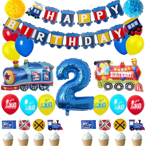 Party-Dekorationen mit Eisenbahn-Luftballons, Girlande, Zuggeburtstagsbanner, Zugballons, Eisenbahn-Cupcake-Topper (Nummer 2. Geburtstag) von Finypa