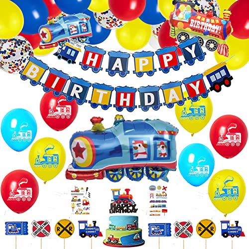 Zug Geburtstag Party Supplies Set - Thema Blau Gelb Rot Dekorationen Mit Eisenbahnballons Girlande, Banner, Ballons, Cupcake Toppers für Dampfzug Geburtstagsparty von Finypa