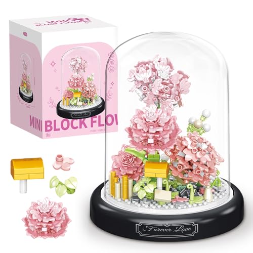 Fiotha Blumen Bausteine Set, Blumen Rosa Nelken Klemmbausteine, Mikro Blumen Bausteine, mit Staubdichte Kuppel Und Sockel, Bausteine Blumen, Geschenke für Freunde und Familie (624 Teile) von Fiotha