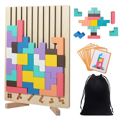 Fiotha Holzpuzzle Tetris, 3D Puzzle Tetris Spiel Kinder mit Halterung, Geometrische Blöcke Tetris, Montessori Lernspielzeug ab 3 4 5 6 Jahre, Lernspielzeug für Kinder ab 3 Jahre Förderung von Fiotha