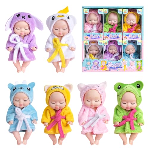 Fiotha Mini Reborn Puppen, 6 Stück Babypuppe, Newborn Reborn Baby, Mini Baby Born, 4,3 Zoll Puppe und Kleidung Set, Realistische Babypuppe, Für Kinder ab 3+ Jahren (Bademantelserie) von Fiotha