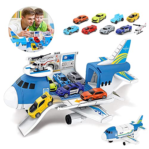 Fiotha Transport Flugzeug Spielzeug, Flugzeug Spielzeug, Spielzeugautos für Kinder, 8 Autos + 1 Flugzeugs +1 Flugzeuglagerung, für ab 3-6 Jahre Junge Kinder von Fiotha