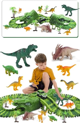 Fiouni Dinosaurier Rennstrecken Spielzeug für Jungen, 153 Stück Bahngleis Spielset mit einem Militärischen Rennwagen / 8 Spielzeugdinosaurier, Geburtstagsgeschenke für 3 4 5 6 7 Jahre alte Jungen von fiouni