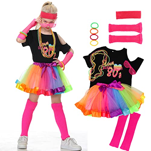 Firecos 80er Jahre Kostüm für Kinder Cosplay Thema Anzug Fancy Kleid 80er Jahre Outfit Kleid Zubehör Set mit Kurzarm Tutu Rock für Party Dress up für Mädchen (110CM) von Firecos