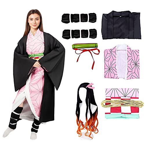 Firecos 9PCS Cosplay Kostüm Set mit Perücke für Erwachsene Anime Kostüm Kimono für Frauen Halloween Weihnachten Karneval Dress Up Geschenk von Firecos