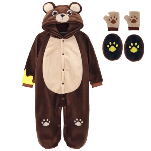 Firecos Baby Bär Kostüm Strampler Kleinkind Bodysuit Animal Hooded Onesie mit Bärenkralle Handschuhe Schuhe Schneeanzug Kleinkind Jumpsuit Tier Pyjama von Firecos