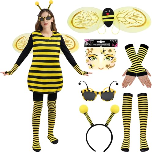 Firecos Bienenkostüm Damen Hummel Kostüm Tier Cosplay mit Flügeln Antenne Stirnband Sonnenbrille Handschuhe Socken für Karneval Party (Biene mit Aufkleber, L40-42) von Firecos