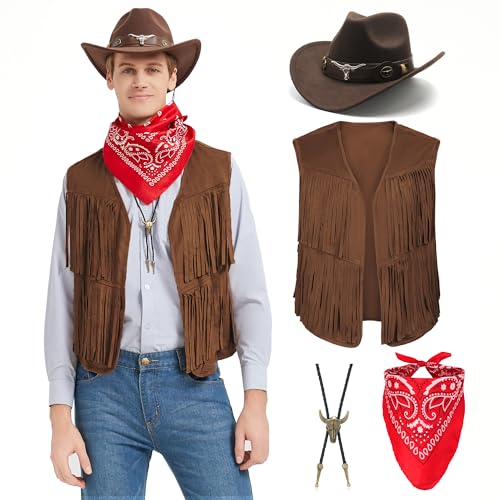 Firecos Cowboy Kostüm Herren Western Cowboy Cosplay Fransenweste mit Hut Halstuch Vintage-Halskette für Karneval Hippie Kostüm Set für Erwachsene (Braun, S) von Firecos