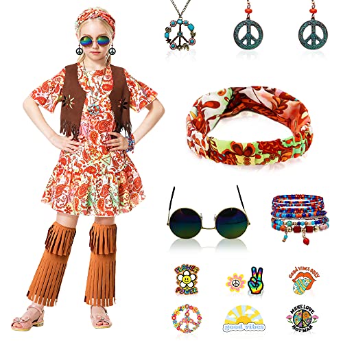 Firecos Hippie Kostüm für Mädchen Kostüm Hippie Accessoires 60er 70er Outfits Hippie Kleidung Set mit Fransen Weste für Kinder Verkleiden Sich für Halloween (110) von Firecos
