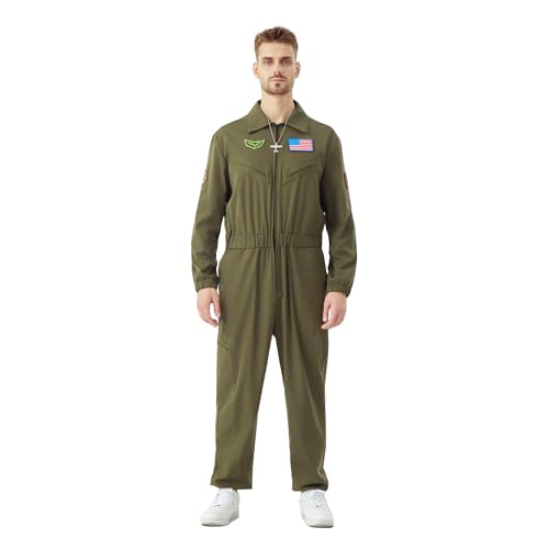 Firecos Pilot Kostüm Herren Kampfjetpilot Cosplay Fliegeranzug Outfit Flieger Strampler für Halloween Karneval mit gestickten Aufnähern (XXL) von Firecos