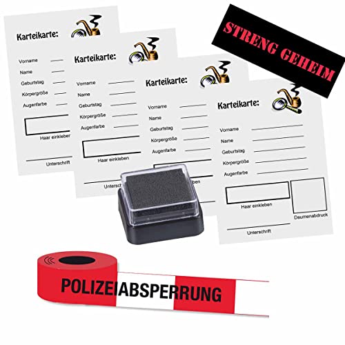 Polizei-Kit mit Karteikarten, Polizei-Absperrband, Fingerabdruckstempelkissen, STRENG GEHEIM Sticker // Polizeigeburtstag Zubehör von Firlefantastisch