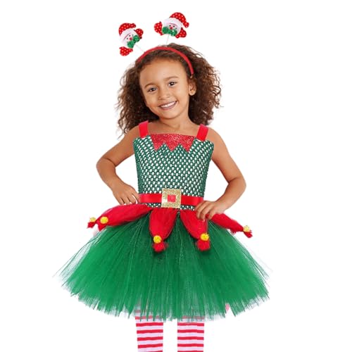 Firulab Elfenkostüm für Mädchen - Weihnachtskleid für Mädchen - Mädchen Weihnachtselfen-Kostü, Weihnachtsmann-Kostü, Kleid, Weihnachts-Pailletten-Kleidung, Stirnband von Firulab