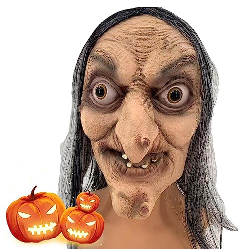Firulab Hexenkopf der alten Frau,Gruselige Latex-Vollkopfbedeckung für Halloween | Realistische Design-Kostü -Requisiten für Tanzpartys, Bars, Streiche und Aufführungen von Firulab