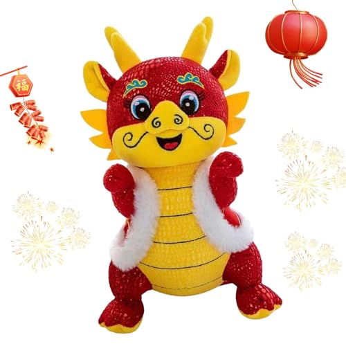 Firulab Jahr des Drachen-Plüsch, chinesischer Neujahrsdrache - Traditionelle Maskottchenpuppe Jahr des Drachen im Tang-Anzug,Dekoratives Tischornament, rotes Drachen-Plüschtier als chinesisches von Firulab