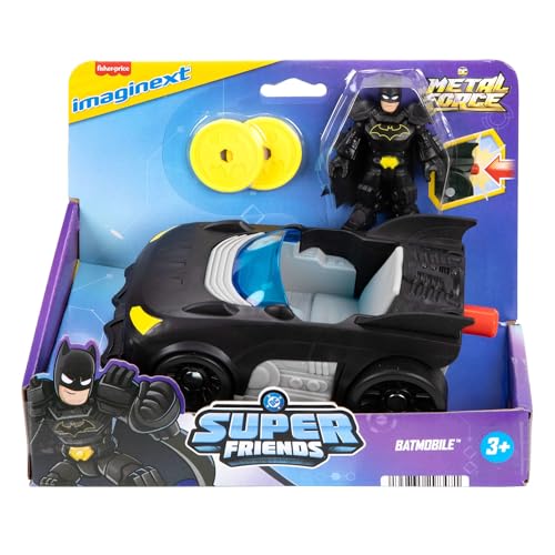 Fisher-Price Imaginext DC Super Friends Metal Force Batmobil Spielzeugauto, ca. 7,6 cm große Batman-Actionfigur und Zubehör im Set, enthält Starter und 2 Scheiben, JFJ68 von Fisher-Price