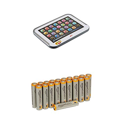 Fisher-Price CDG57 Lernspaß Tablet Lernspielzeug mit mitwachsenden Spielstufen grau, ab 12 Monaten deutschsprachig mit Amazon Basics Batterien von Fisher-Price