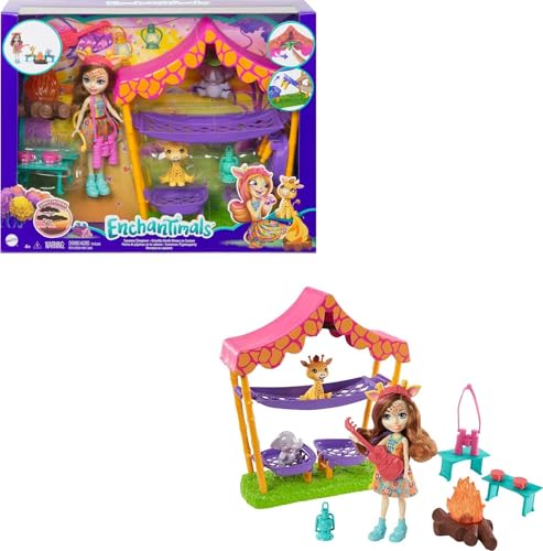 Enchantimals GTM33 - Savannen-Pyjamaparty Spielset mit Griselda Giraffe Puppe (15 cm), 2 Tierfreunden, Zelt und 8 Zubehörteilen, Spielzeug ab 4 Jahren von Enchantimals