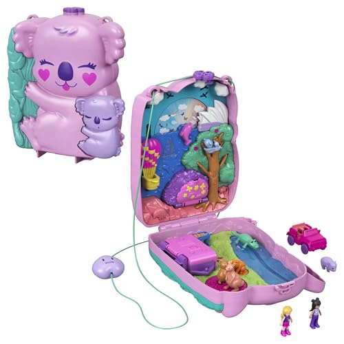 Polly Pocket Schatulle, Koala Bär in Tierabenteuer Thema, mit 2 Puppen, 5 Tieren und 1 Auto, interaktive Elemente für intensives Spielen, Spielzeug ab 4 Jahren, GXC95 von Polly Pocket