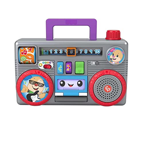 Fisher-Price Laugh & Learn Busy Boombox Retro-inspiriertes musikalisches Kleinkindspielzeug mit Lerninhalten für Babys und Kleinkinder, Version: Englisch; Italienisch; Portugiesisch; Spanisch, HHX10 von Fisher-Price