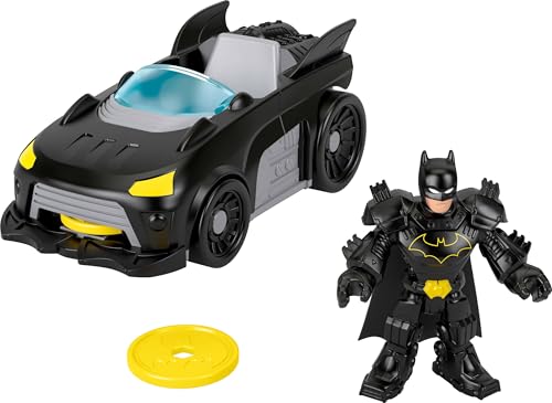 Fisher-Price Imaginext DC Super Friends Metal Force Batmobil Spielzeugauto, ca. 7,6 cm große Batman-Actionfigur und Zubehör im Set, enthält Starter und 2 Scheiben, JFJ68 von Fisher-Price