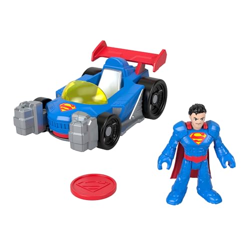 Fisher-Price Imaginext DC Super Friends Metal Force Supermobil Spielzeugauto, ca. 7,6 cm große Superman-Actionfigur und Zubehör im Set, enthält Starter und 2 Scheiben, JFJ69 von Fisher-Price