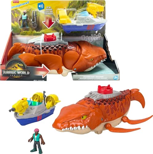 Fisher-Price Imaginext Jurassic World: Die Wiedergeburt Wasserjäger-Mosasaurus als ca. 45 cm großes Dinosaurier-Spielzeug mit ca. 7 cm großer Actionfigur, mit Boot und zwei Projektilen, JFR23 von Fisher-Price