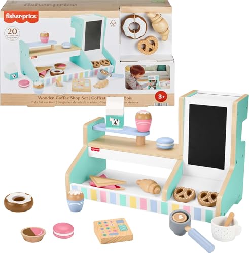 Fisher-Price Pretend Playset Wooden Coffee Shop with Toy Register, 20 Wood Pieces for Preschool Kids Ages 3+ Years von Fisher-Price