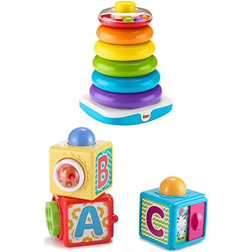 Fisher-Price exklusives Kombi-Angebot: GJW15 Gigantische Farbring Pyramide, Stapelspielzeug mit Ringen für Babys und Kleinkinder + DHW15 Spiel und Stapelwürfel Motorikspielzeug dreiteilig von Fisher-Price