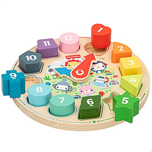 WOOMAX Holz 36 m Holzuhr Aktivitäten, Lernuhr, Naturholz, Holzspielzeug, Uhr zum Lernen der Uhrzeit, Lernspielzeug, Fisher-Price, +3 Jahre (48814), bunt, normal von Fisher-Price