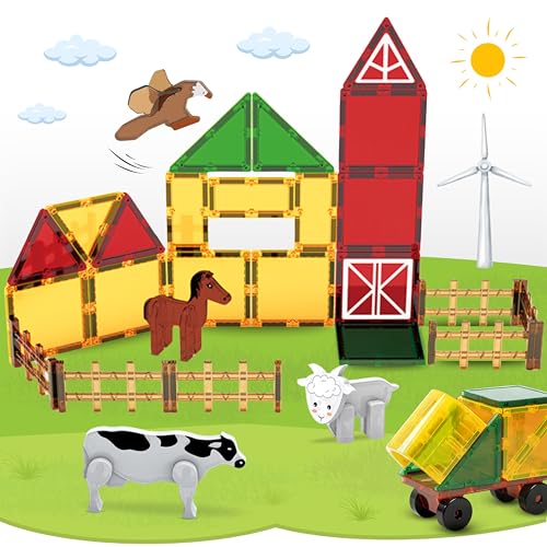 Magnetische Bausteine Bauernhof Set (76 Teile) - Magnetbausteine für Kinder ab 3 Jahre - Magnetsteine Kinderspielzeug Jungen, Mädchen - pädagogische STEM Magnet-Spielzeug - Magnetic Building Blocks von Fits4Kids
