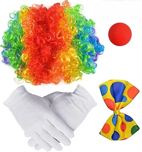 4 Stück Clown Kostüm Accessoire, Regenbogen Clown Perücke, Clownsnase, Bunte Fliege, Weiße Handschuhe, Karneval Clown Rollenspiel Zubehör für Kinder, Damen und Herren 4 Stück Clown Kostüm Accessoire, Regenbogen Clown Perücke, Clownsnase, Bunte Fliege, Weiße Handschuhe, Karneval Clown Rollenspiel Zubehör für Kinder, Damen und Herren von FiveMileBro