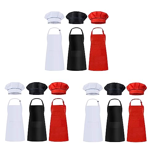 Fivetwofive 18 Stück Kinder Schürzen und Hüte Set Kinder Chef Schürzen zum Kochen Backen Malen Schürzen + Schwarz + Rot von Fivetwofive
