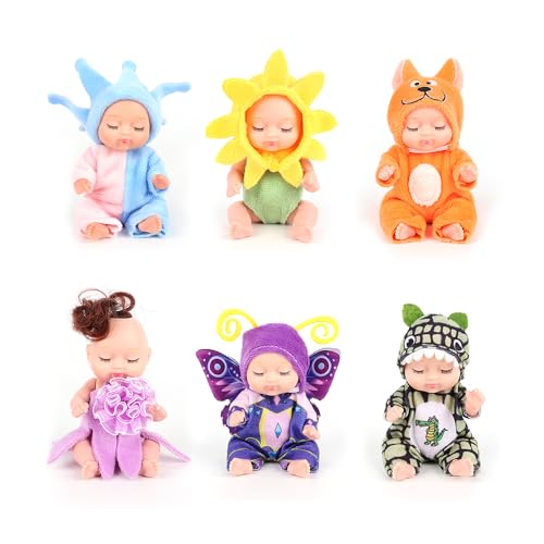 Fivtsme Mini Reborn Puppen, Babypuppe, 6 Stück 3,5 Zoll Mini Puppenspielzeug, Mini Schlafende Wiedergeburt Puppen und Kleidung Set, für Mädchen, Kleinkinder und Kinder (Plant) von Fivtsme