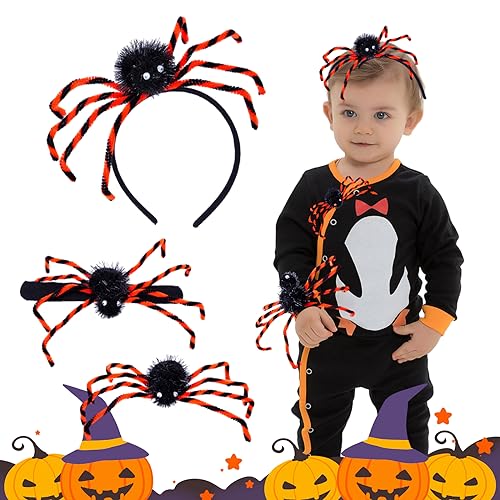 Fiyuer 3 Stück Halloween Spinne, Haarreif Mit Schnapparmband und Brosche, Spinnenkostüm für Kinder, Deko Outdoor Accessoires, Damen Haarreifen von Fiyuer
