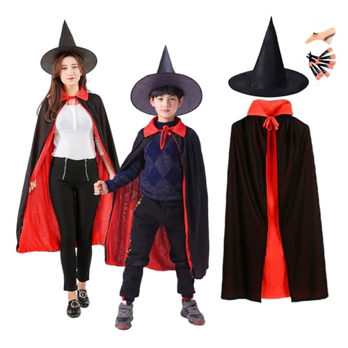 Fiyuer Umhang Halloween Cape für Kinder oder Erwachsene, Halloween Kostüm Umhang mit Hexe und Nasen Fingernägel, Schwarzes Rot Doppelseiten Umhang für Halloween Party, 140 cm Fiyuer Umhang Halloween Cape für Kinder oder Erwachsene, Halloween Kostüm Umhang mit Hexe und Nasen Fingernägel, Schwarzes Rot Doppelseiten Umhang für Halloween Party, 140 cm von Fiyuer