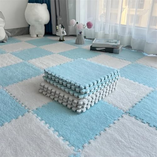 Fjnbbiot Weiche Plüsch-Kindermatte, Schaumstoff-Puzzle-Teppich, warme Kinderspielmatten, ineinandergreifende Teppiche, 30 x 30 x 1 cm, Weiß, Hellblau, 20 Stück von Fjnbbiot