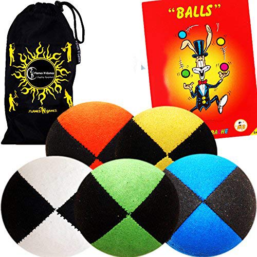 Flames 'N Games Pro Thud Jonglierbälle – hochwertiges Wildleder-Gefühl, Jonglierbälle, Set mit 5 Stück + Mr Babache Ball Jonglierbuch mit Tricks und Reisetasche. (schwarz/rot) von Flames 'N Games