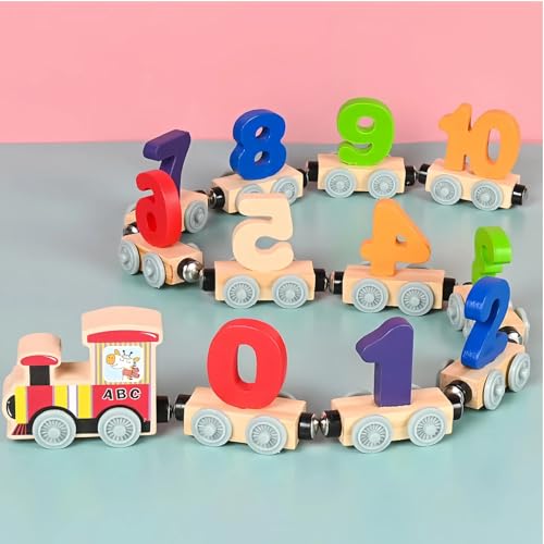 Flanliy 12 Pack Magnetic Zug Holzspielzeug, Montessori Spielzeug ab 3 Jahre, Holzeisenbahn Magnet Spielzeug Kinder, Montessori Zahl Zug Holz Lernspielzeug, Magnetzug Kinderspielzeug ab 3 Jahre (A) von Flanliy