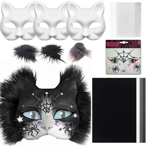 Flanliy Therian Mask DIY Set, 3 Stück Leere Katzenmasken zum Basteln mit Kunstpelz Augennetz, Filztuch und Aufkleber, DIY Therian Mask Set für Halloween Maske Maskerade, Maskenball, Cosplay (E) von Flanliy