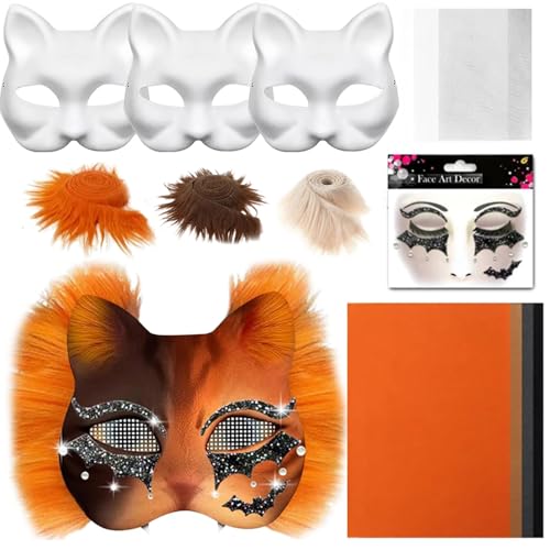 Flanliy Therian Mask DIY Set, 3 Stück Leere Katzenmasken zum Basteln mit Kunstpelz Augennetz, Filztuch und Aufkleber, DIY Therian Mask Set für Halloween Maske Maskerade, Maskenball, Cosplay (G) von Flanliy