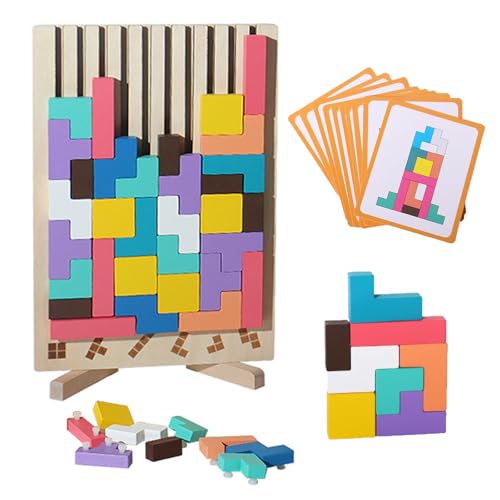Tetris Holzpuzzle Kinder, Holz Tetris Stapelpuzzle Spielzeug mit 10 Karten, 3D Bunt Tetris Blöcke Stapelspiel mit Halterung, Montessori Spielzeug ab 3 Jahre, Geschenk für Jungen und Mädchen (A) von Flanliy
