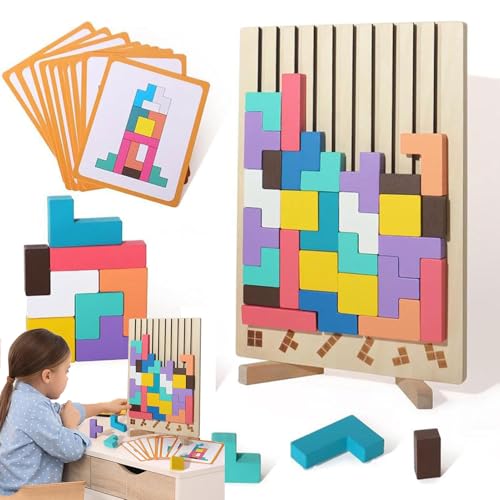 Tetris Spiel, Holz Tetris Stapelpuzzle Spielzeug mit 10 Karten und Halterung Fördert logisches Denken und Räumliche Vorstellungskraft, Montessori Spiel aus Hochwertigem Holz, Geschenk für Kinder (A) von Flanliy
