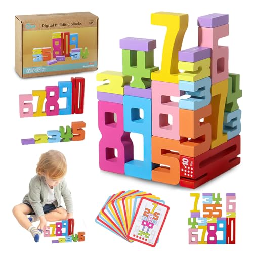 Zahlenbausteine Montessori Spielzeug, 20 Stück Number Blocks zum Stapeln mit 15 Karten, Sensorik Bausteine Holz zum Mathematisches Lernen, Bunt Zahlenblocks Montessori Spielzeug ab 3 Jahre (A) von Flanliy