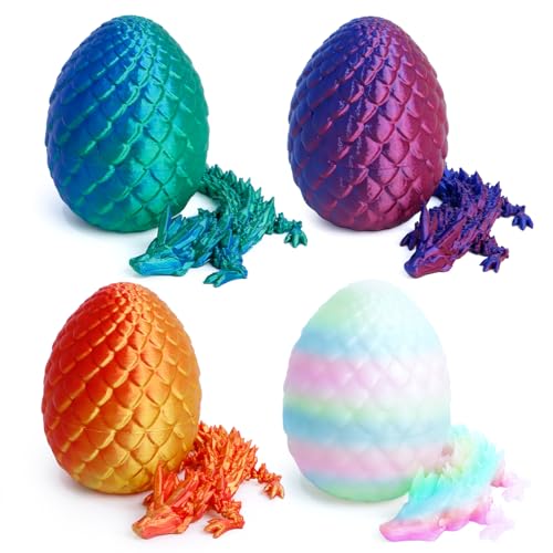 Flavery 4er Set 3D Gedrucktes Drachenei mit Drache, Ewegliche Gelenke Kristall Drache mit Drachenei, Drachen Figuren– Ostergeschenk (Blau + Gold + Grün + Glühen) von Flavery